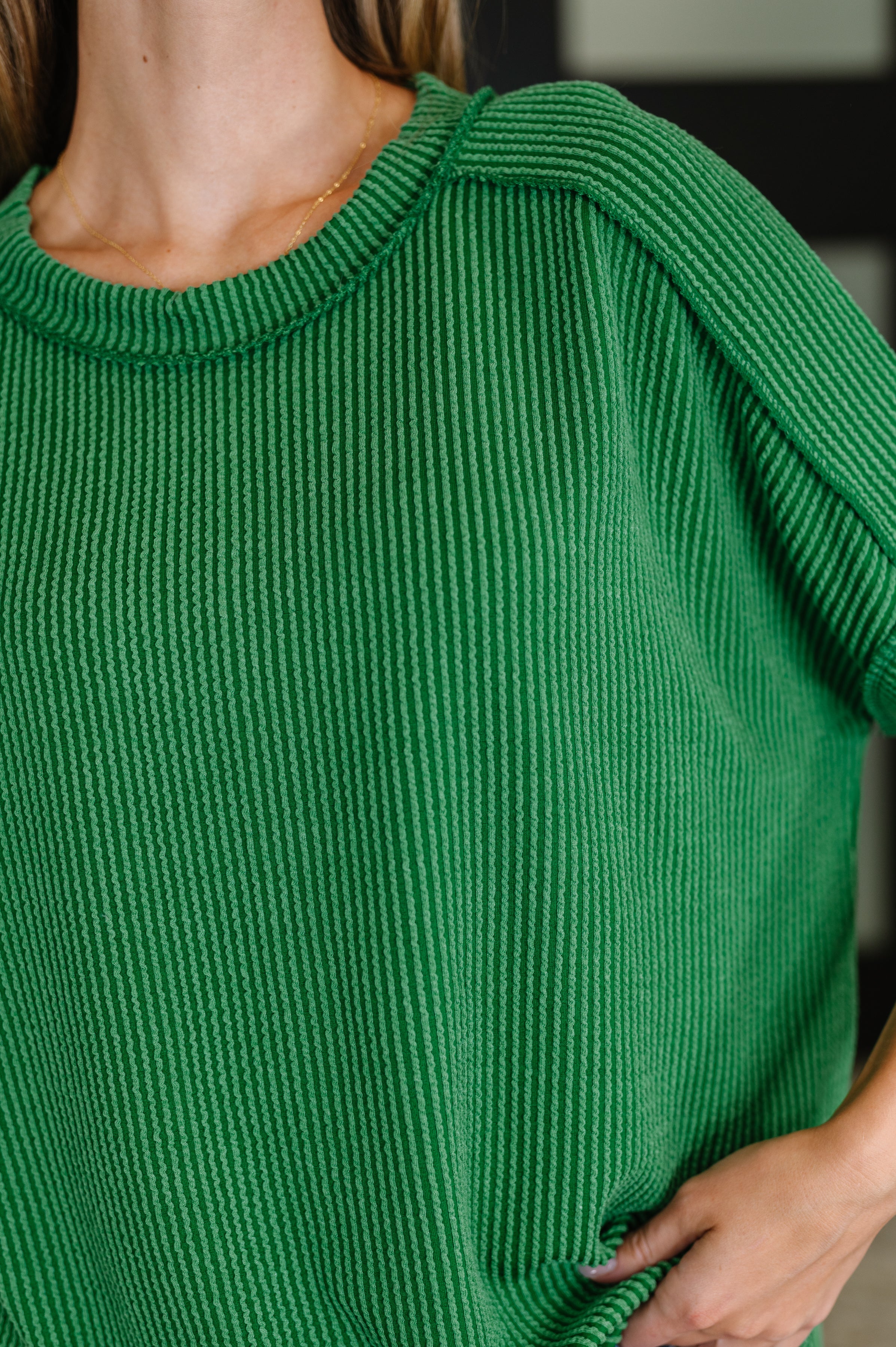 Zenana Catch Me Loungin’ Cable Ribbed Knit Top in Dark Green Womens