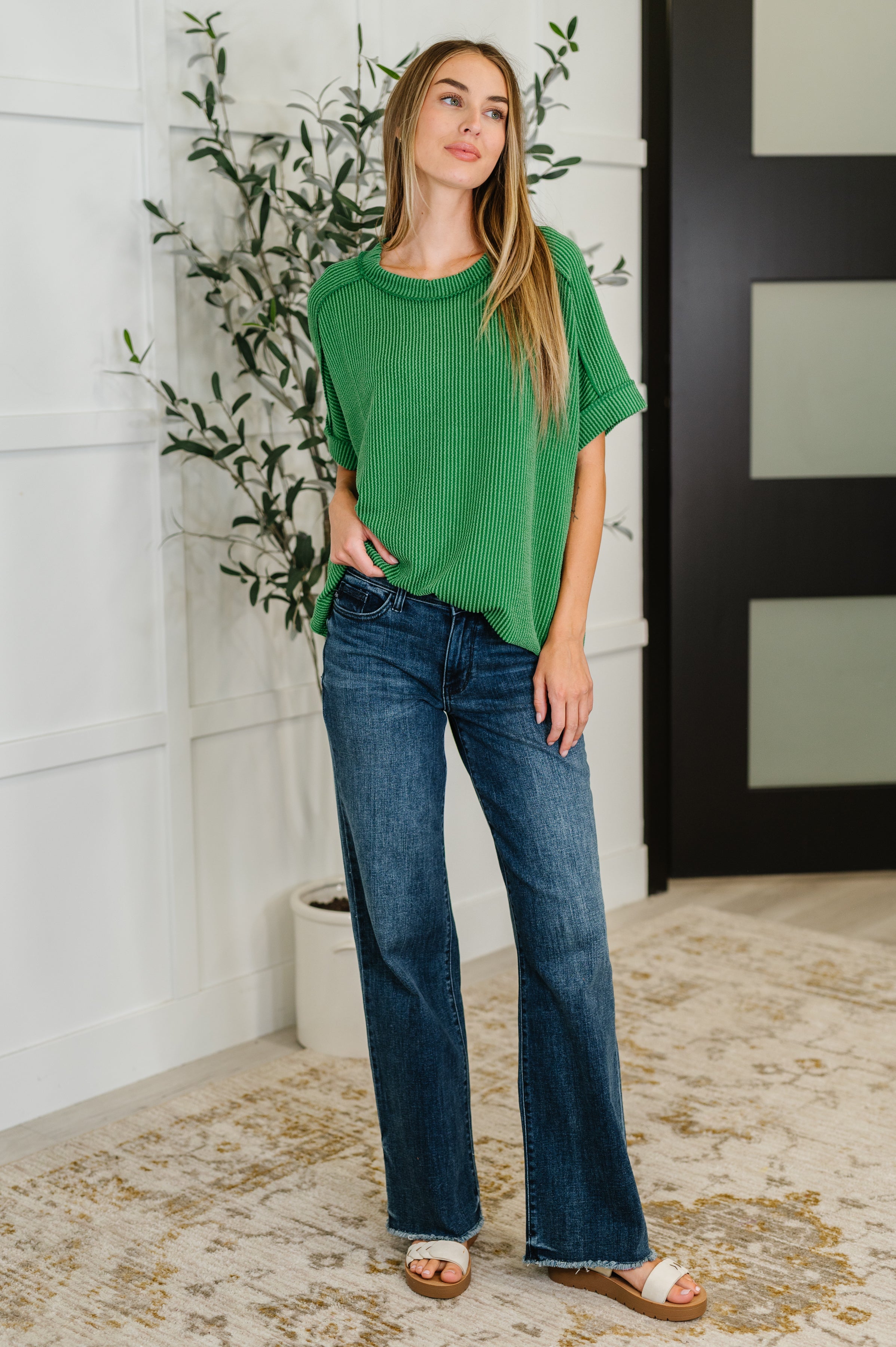 Zenana Catch Me Loungin’ Cable Ribbed Knit Top in Dark Green Womens