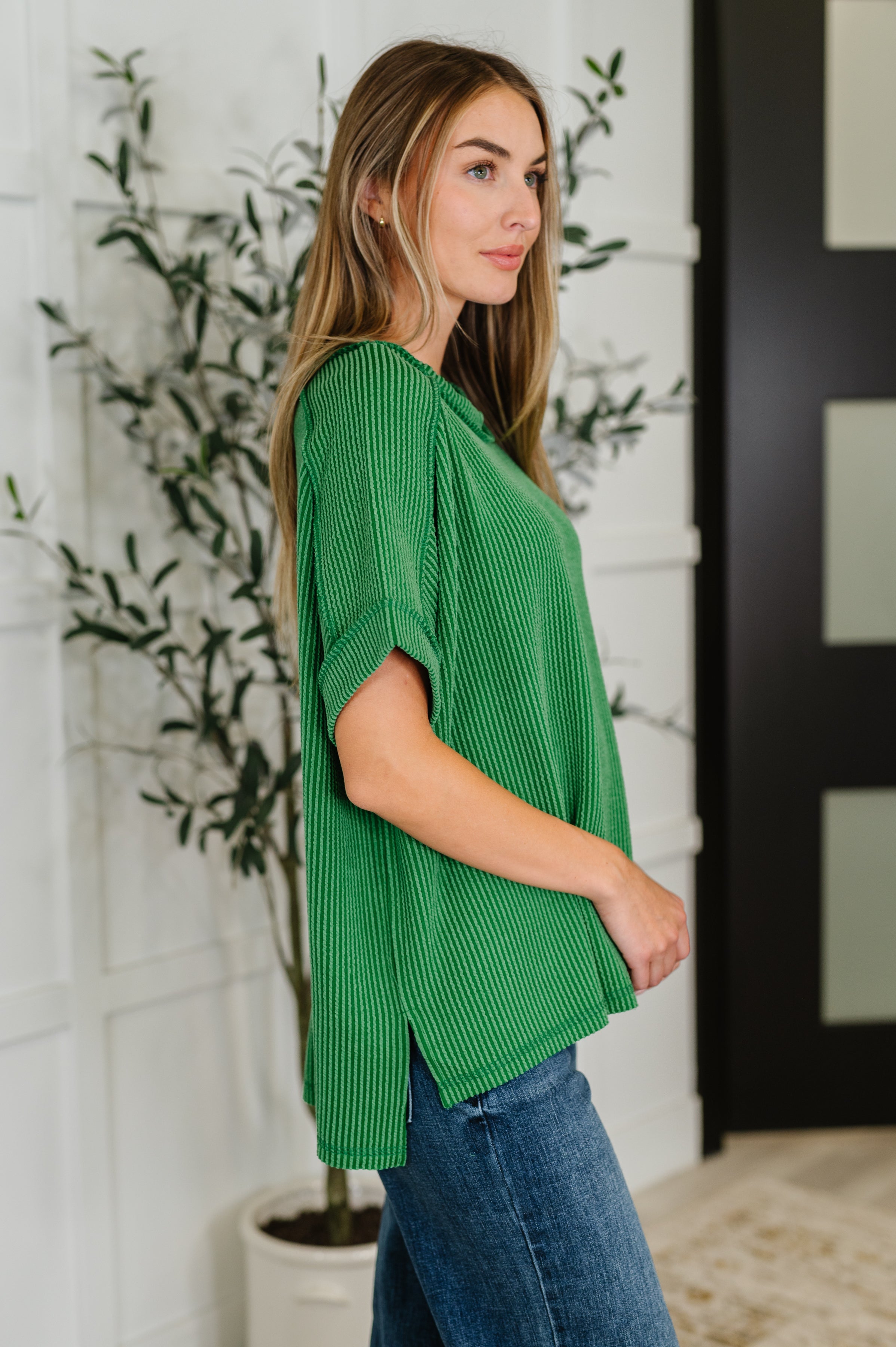 Zenana Catch Me Loungin’ Cable Ribbed Knit Top in Dark Green Womens