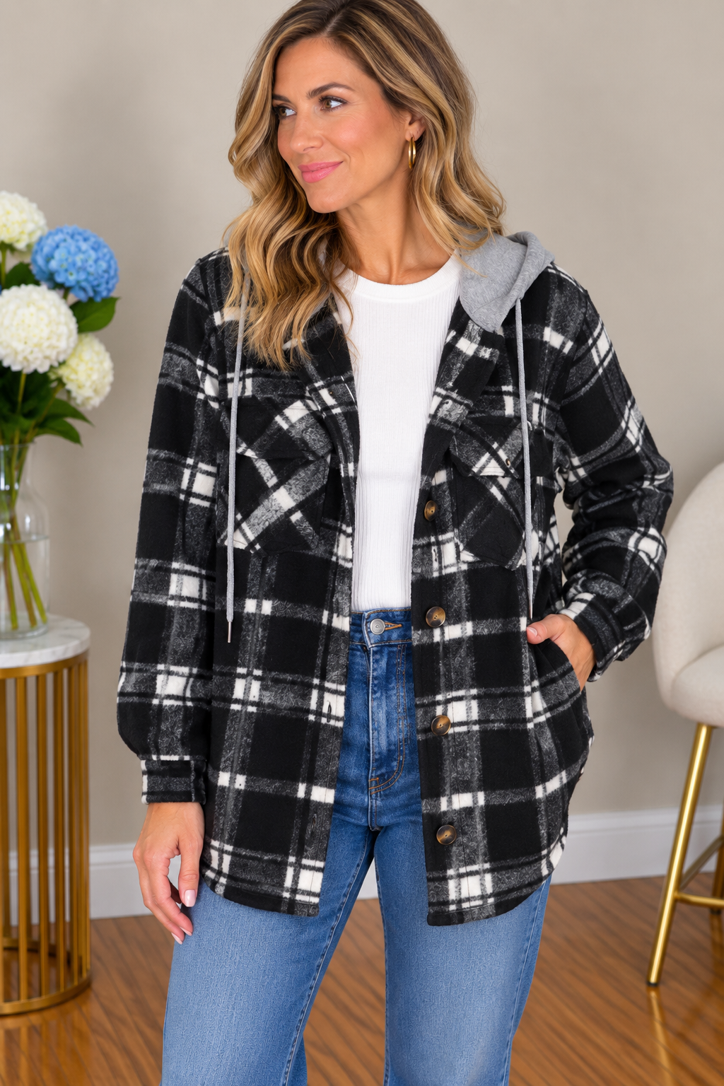 Active Basics Chasing Cozy Black & Ivory Fleece Hooded Jacket