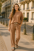 Zenana Brown Raised Rib Short Sleeve Tee & Pants Set BROWN