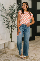 7th Ray Check Hers Round Neck Top in Orange Womens