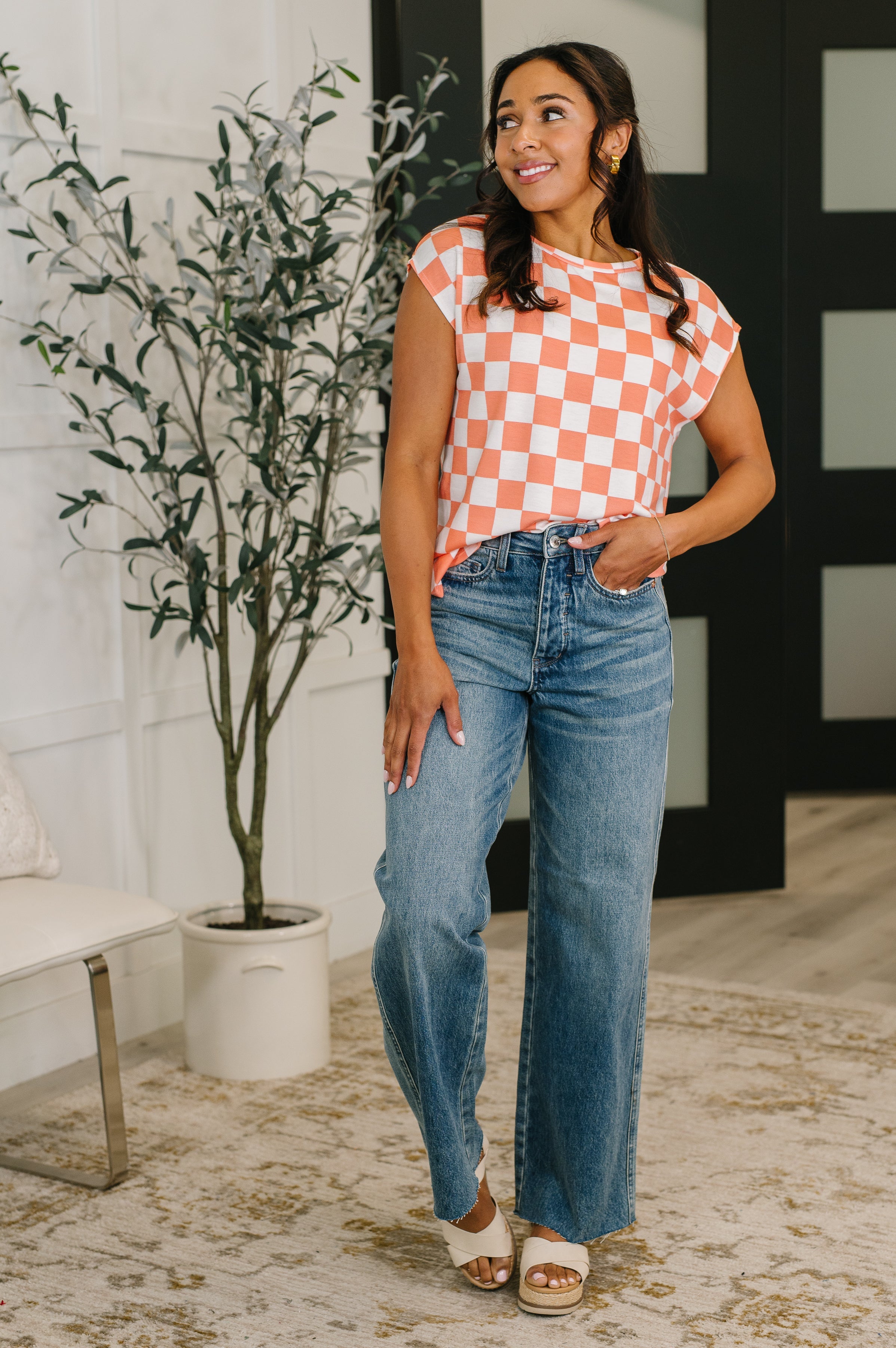 7th Ray Check Hers Round Neck Top in Orange Womens