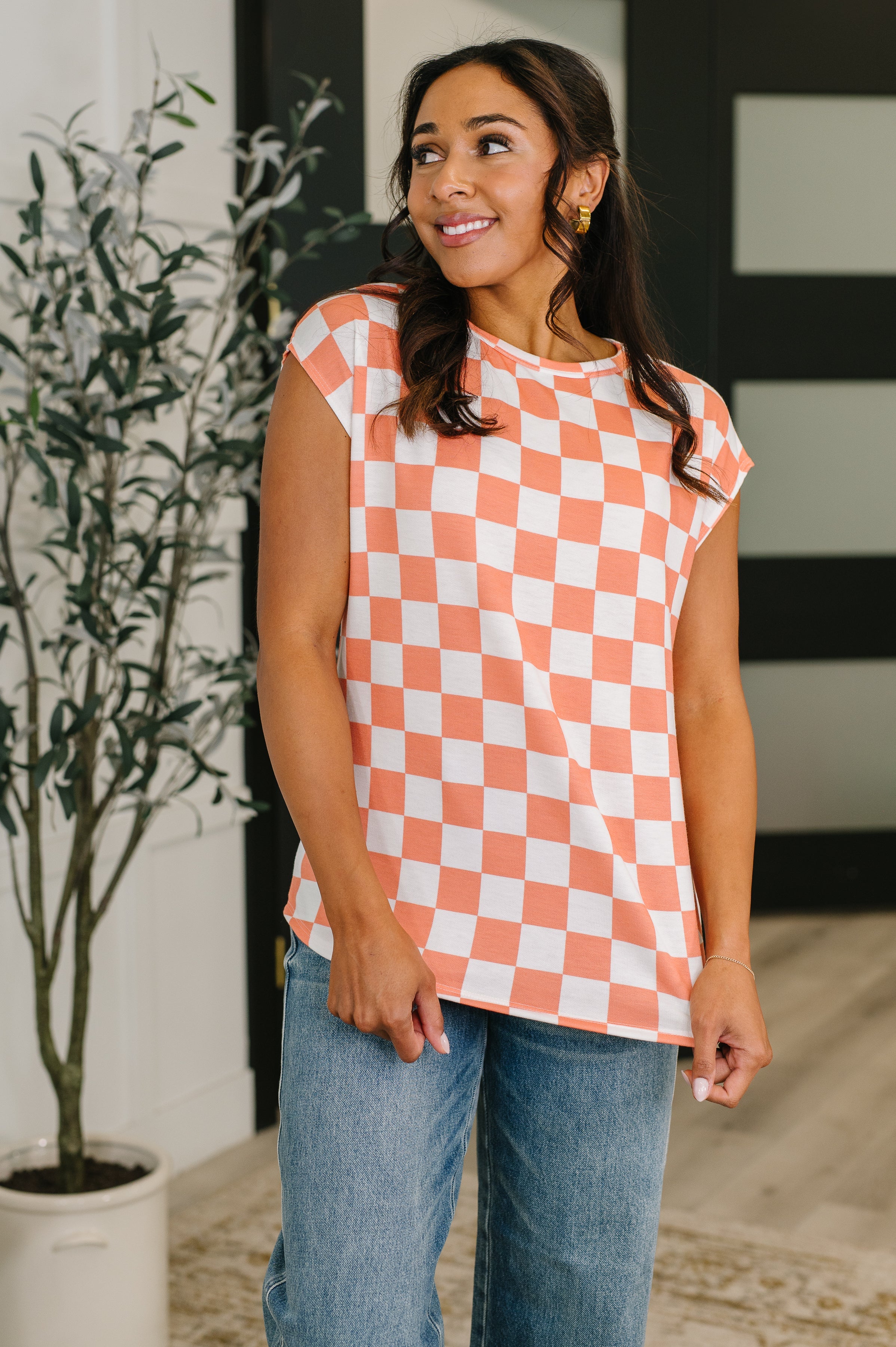7th Ray Check Hers Round Neck Top in Orange Womens