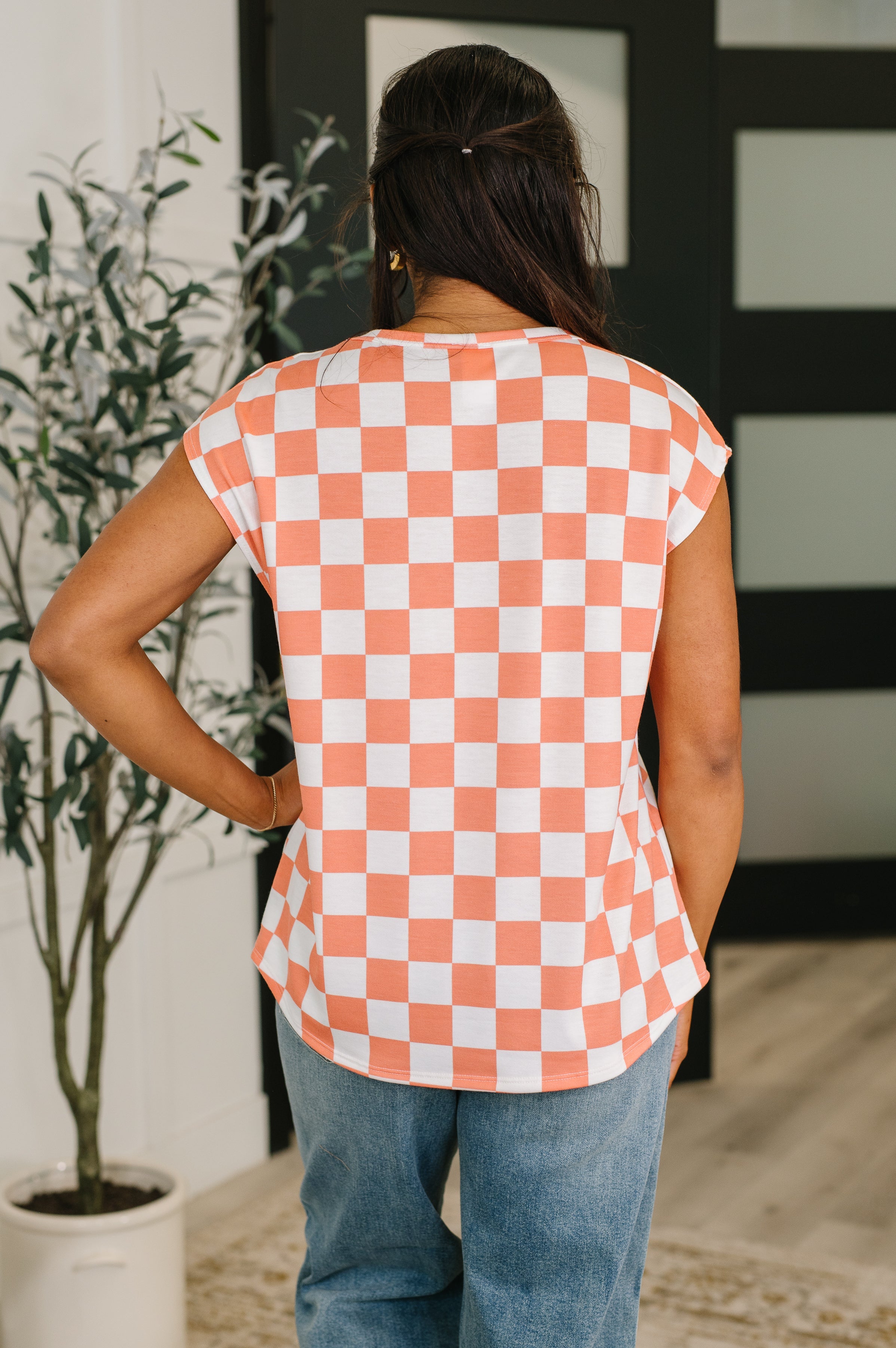 7th Ray Check Hers Round Neck Top in Orange Womens