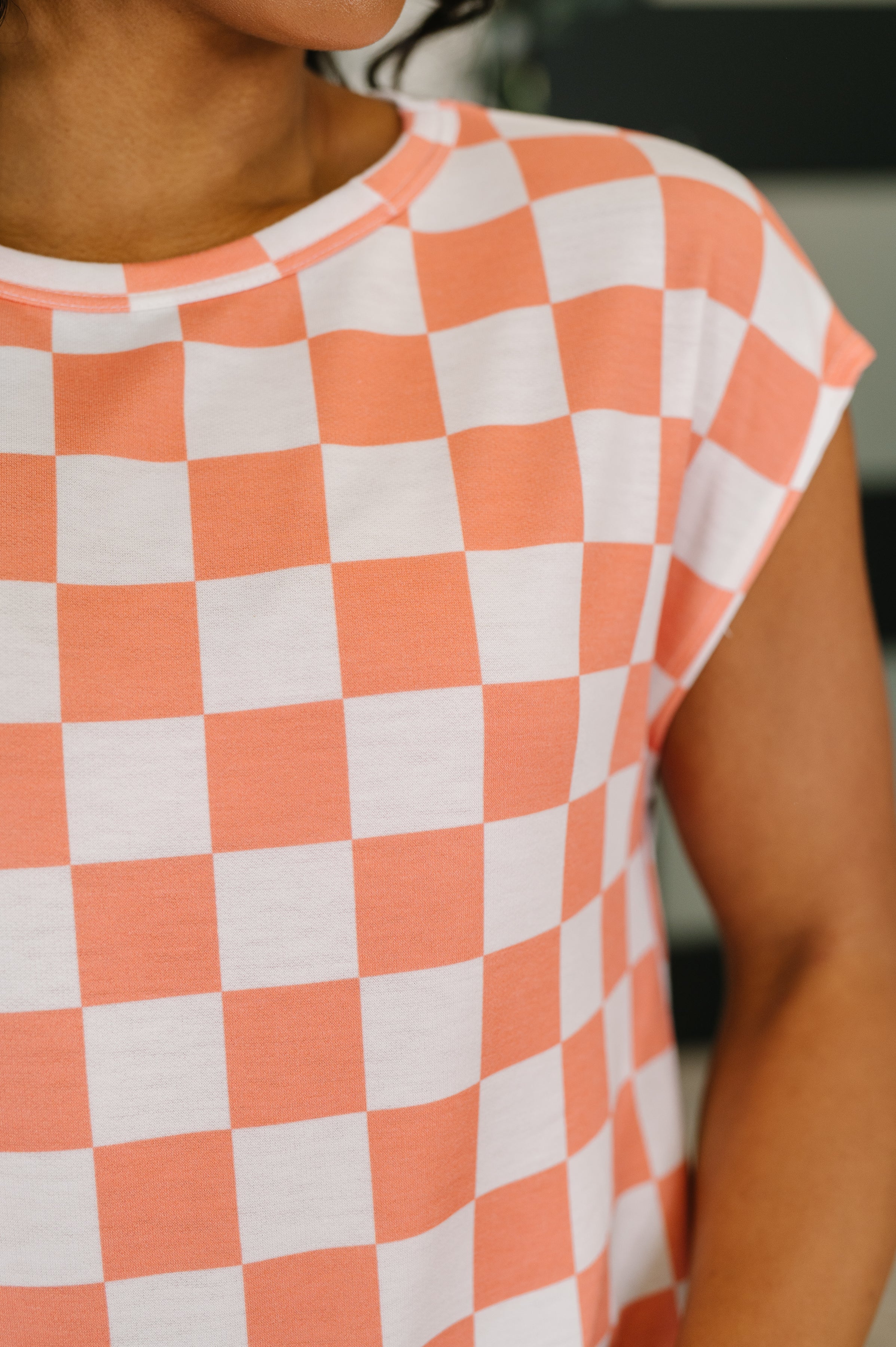 7th Ray Check Hers Round Neck Top in Orange Womens