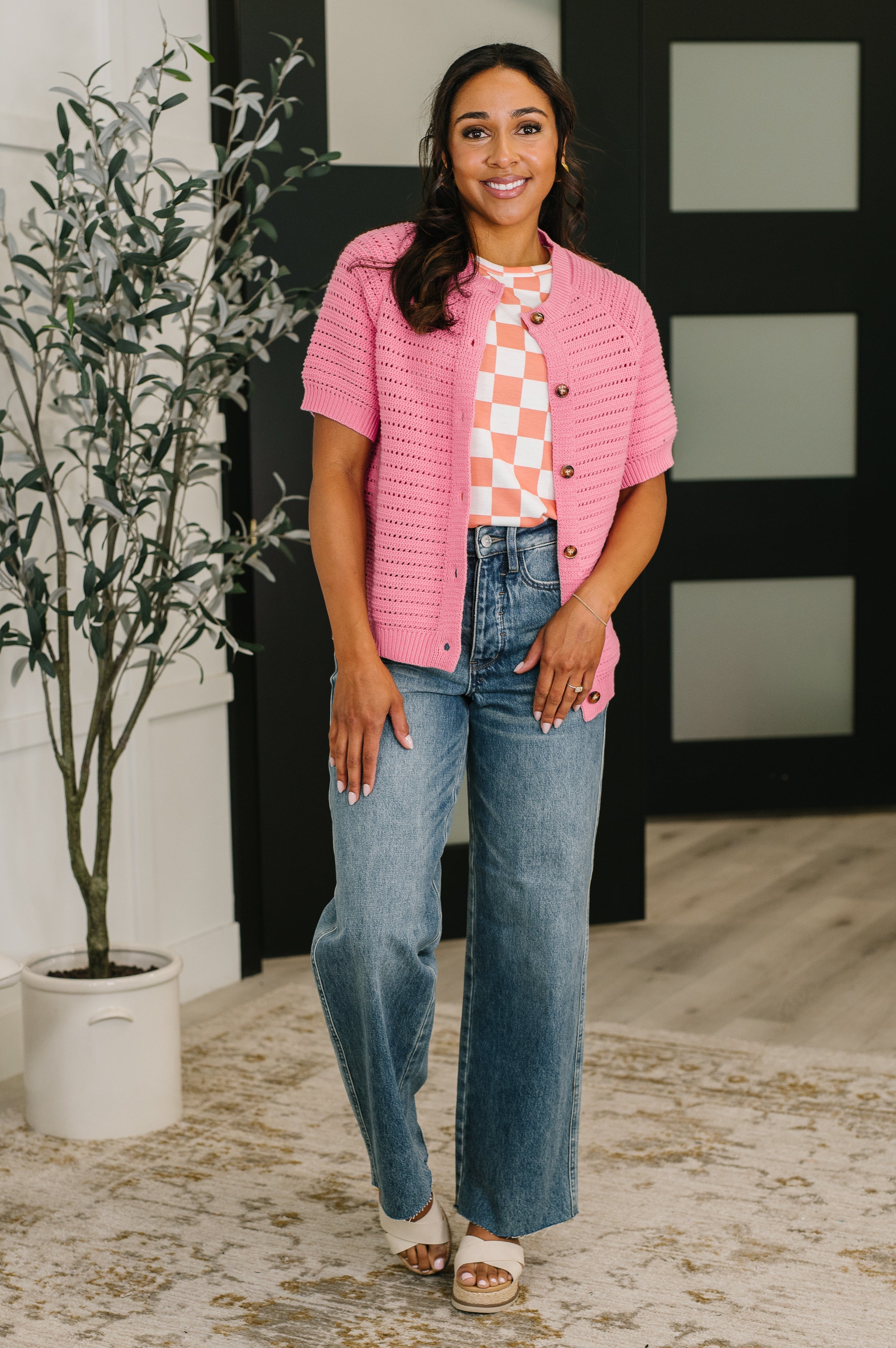 7th Ray Check Hers Round Neck Top in Orange Womens