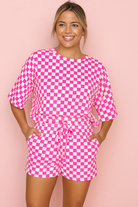 Preorder: Fuchsia Pink Checkered Round Neck Top and Shorts Two-Piece Set