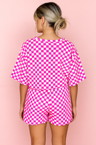 Preorder: Fuchsia Pink Checkered Round Neck Top and Shorts Two-Piece Set