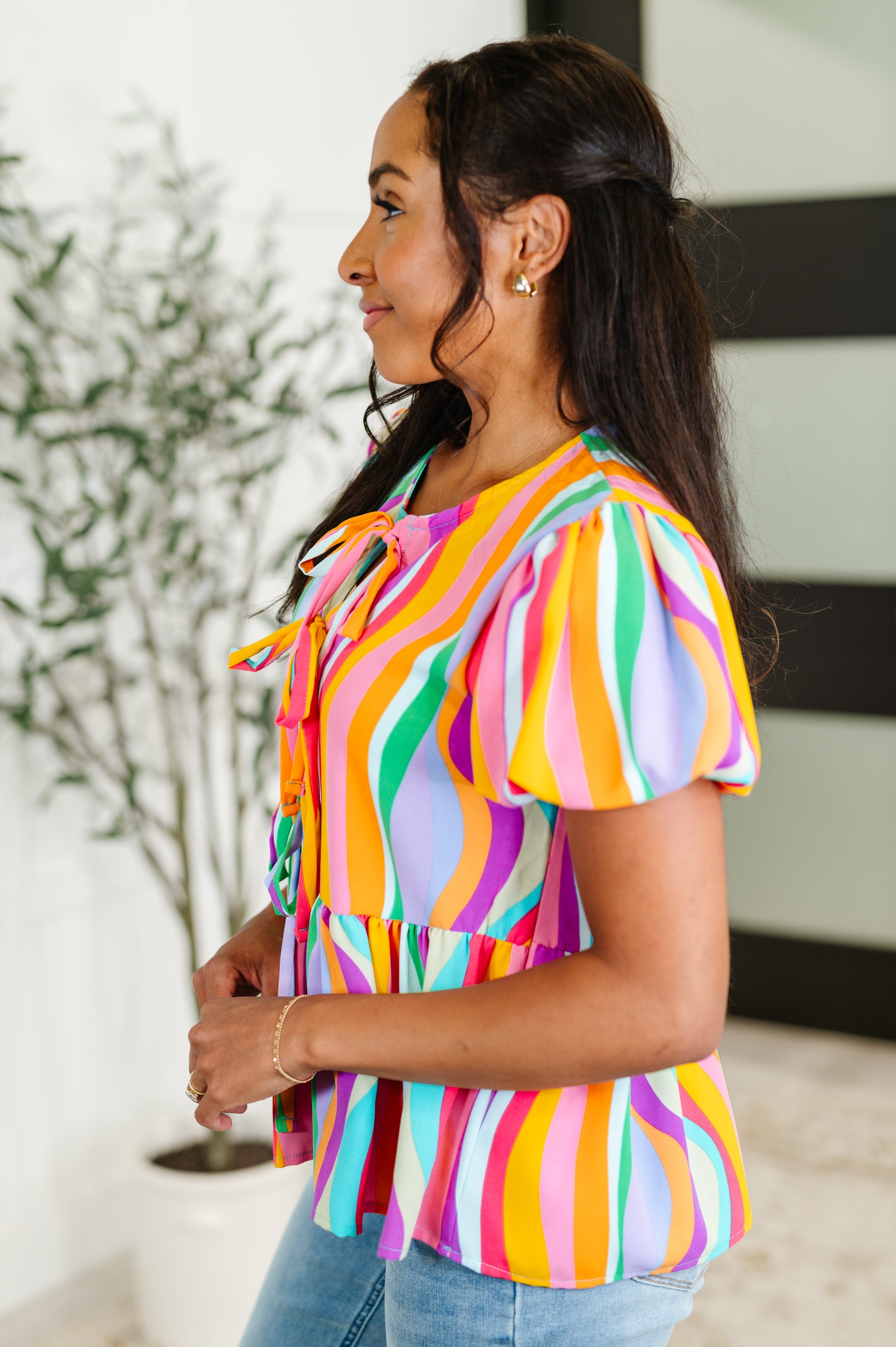 Haptics Chromatide Puff Sleeve Blouse in Mint/Orange Womens