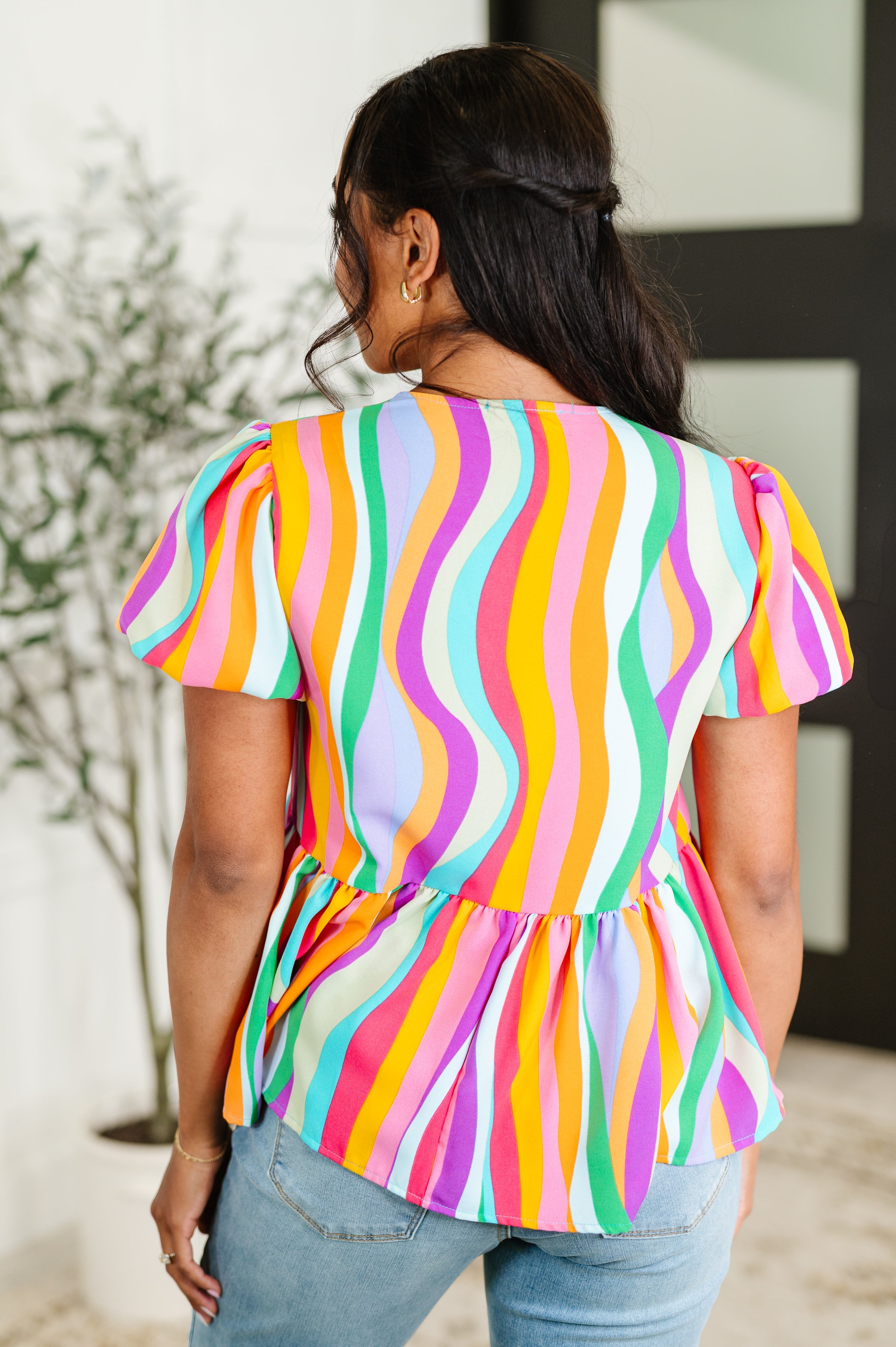 Haptics Chromatide Puff Sleeve Blouse in Mint/Orange Womens