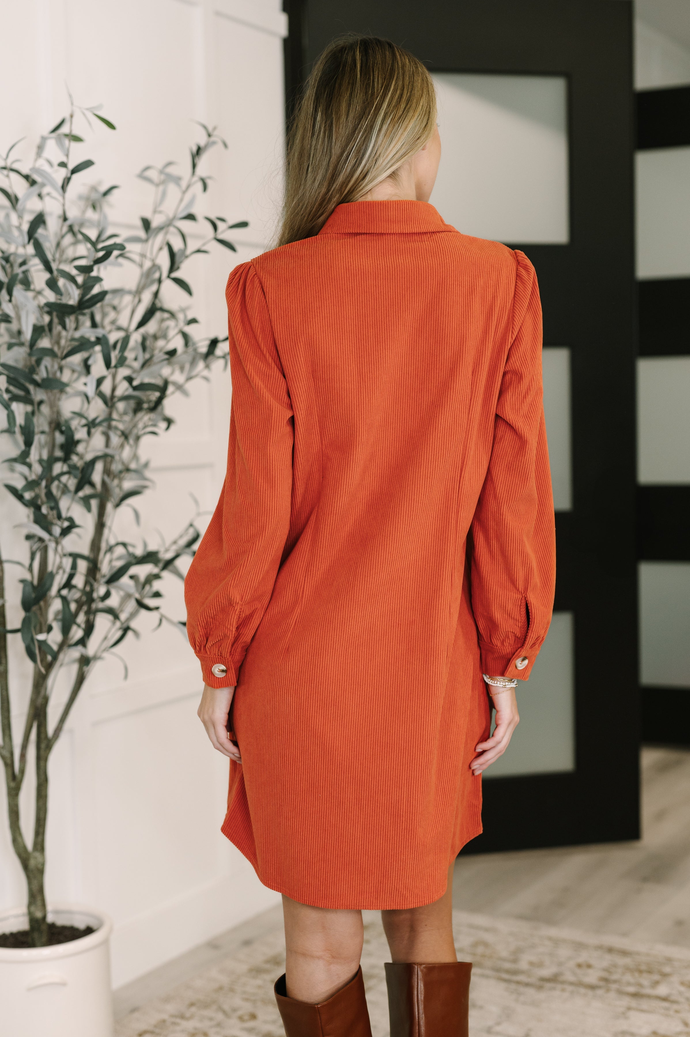 One Eleven North Clever in Corduroy Shirt Dress in Rust Womens