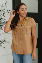 Zenana Cloud Nine to Five Button Down Blouse in Deep Camel Womens