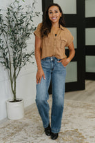 Zenana Cloud Nine to Five Button Down Blouse in Deep Camel Womens