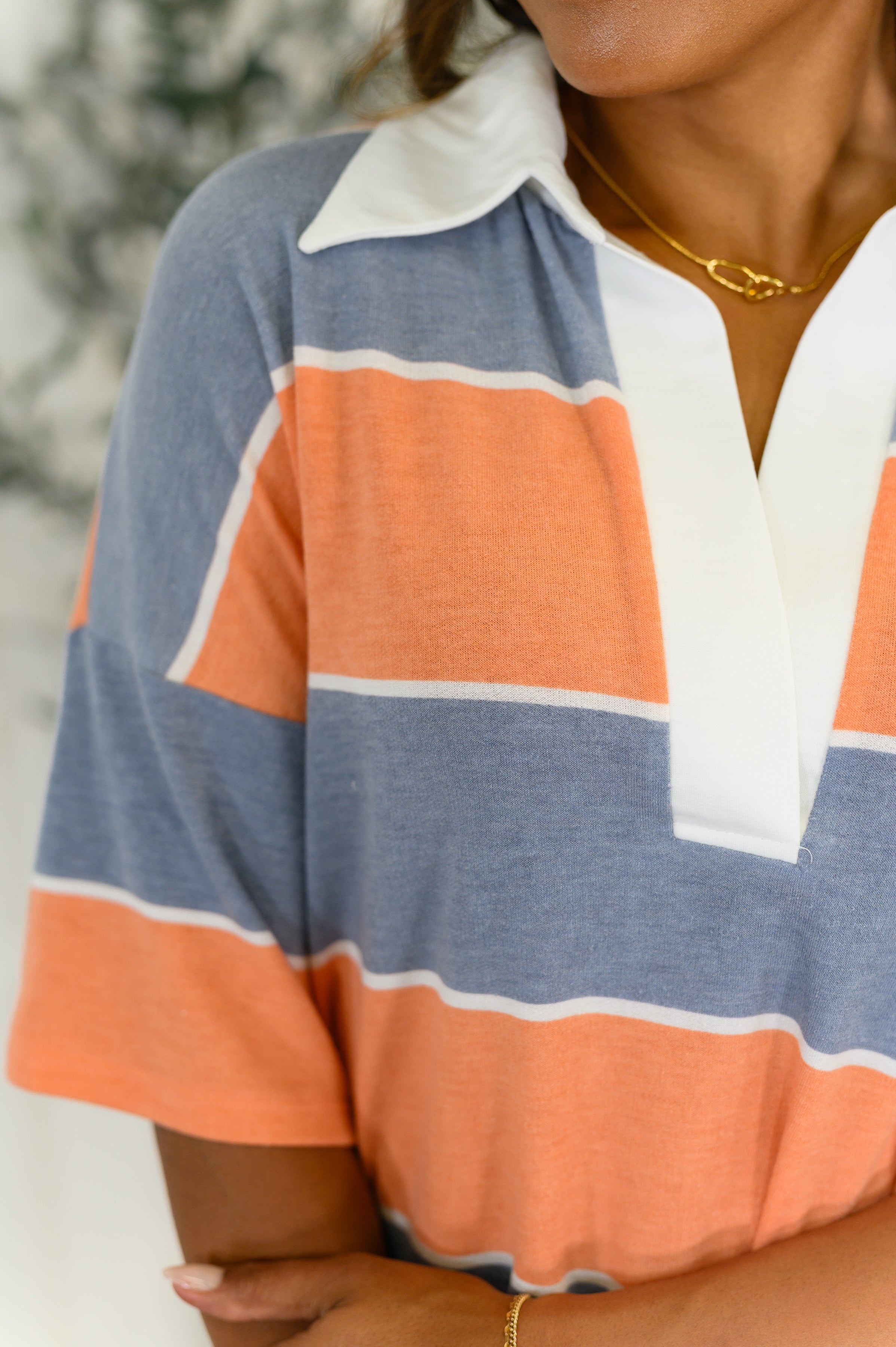 7th Ray Cloudbound Collared Casual Top in Orange and Denim Womens
