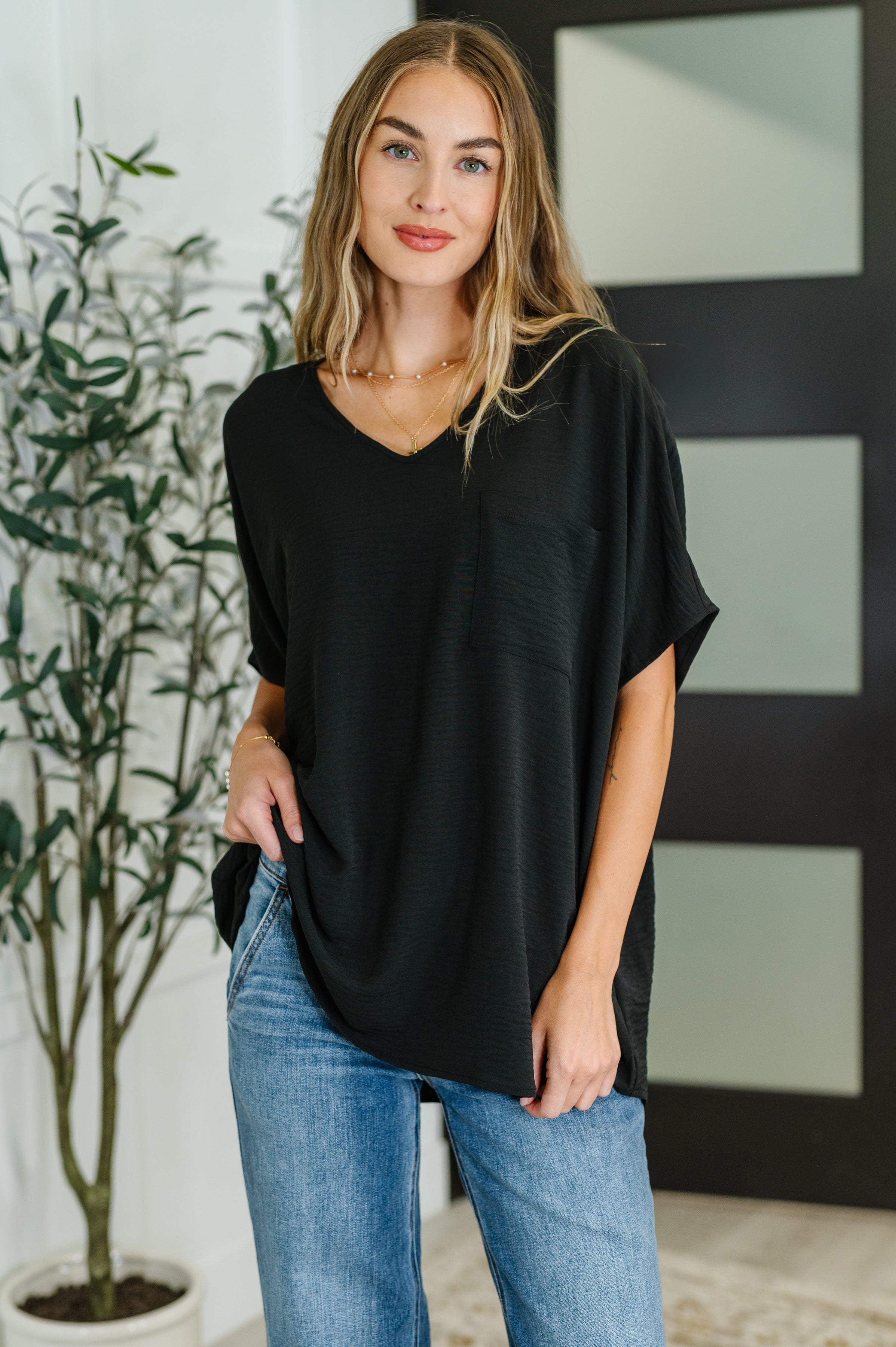 Zenana Coastal Ease Airflow V-Neck Top in Black 3XL Womens