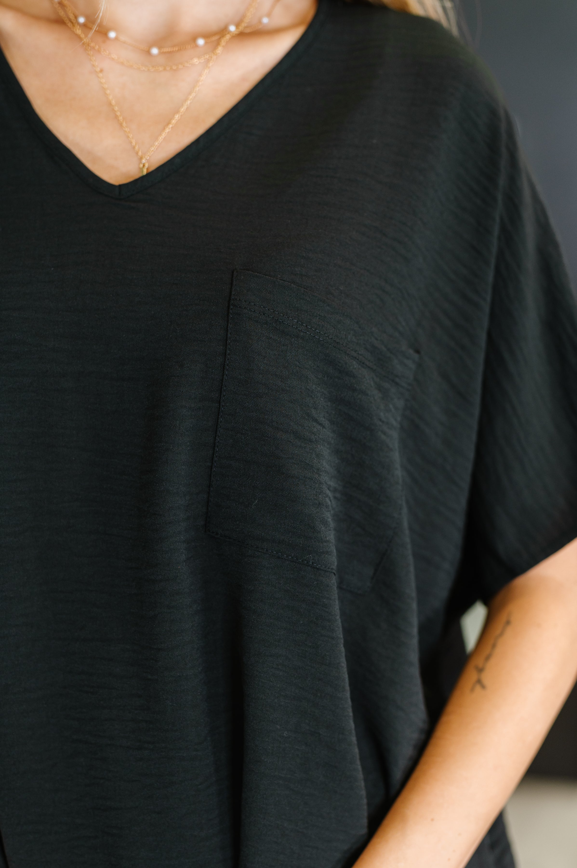 Zenana Coastal Ease Airflow V-Neck Top in Black Womens