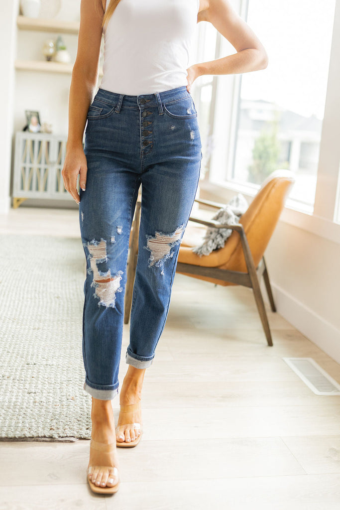 Judy Blue Colt High Rise Button Fly Distressed Boyfriend Jeans JBPF23