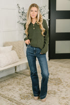 Zenana Come Together Henley Casual Top in Dark Olive Womens
