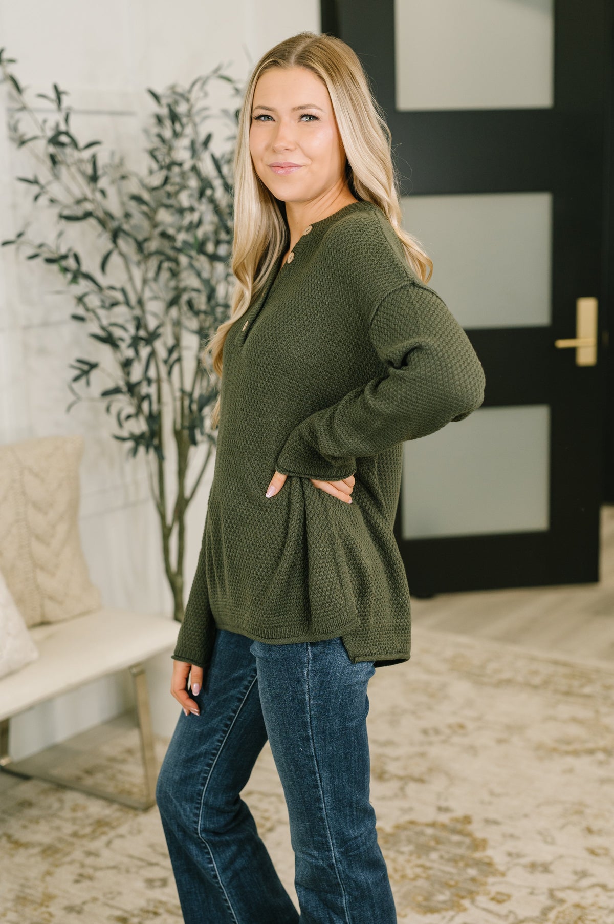 Zenana Come Together Henley Casual Top in Dark Olive Womens