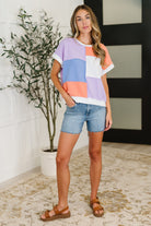 Lovely Melody Contrast Club Color Block Top in Lilac, Orange and Denim Womens