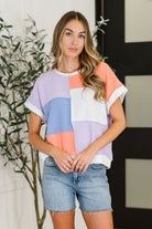 Lovely Melody Contrast Club Color Block Top in Lilac, Orange and Denim Womens