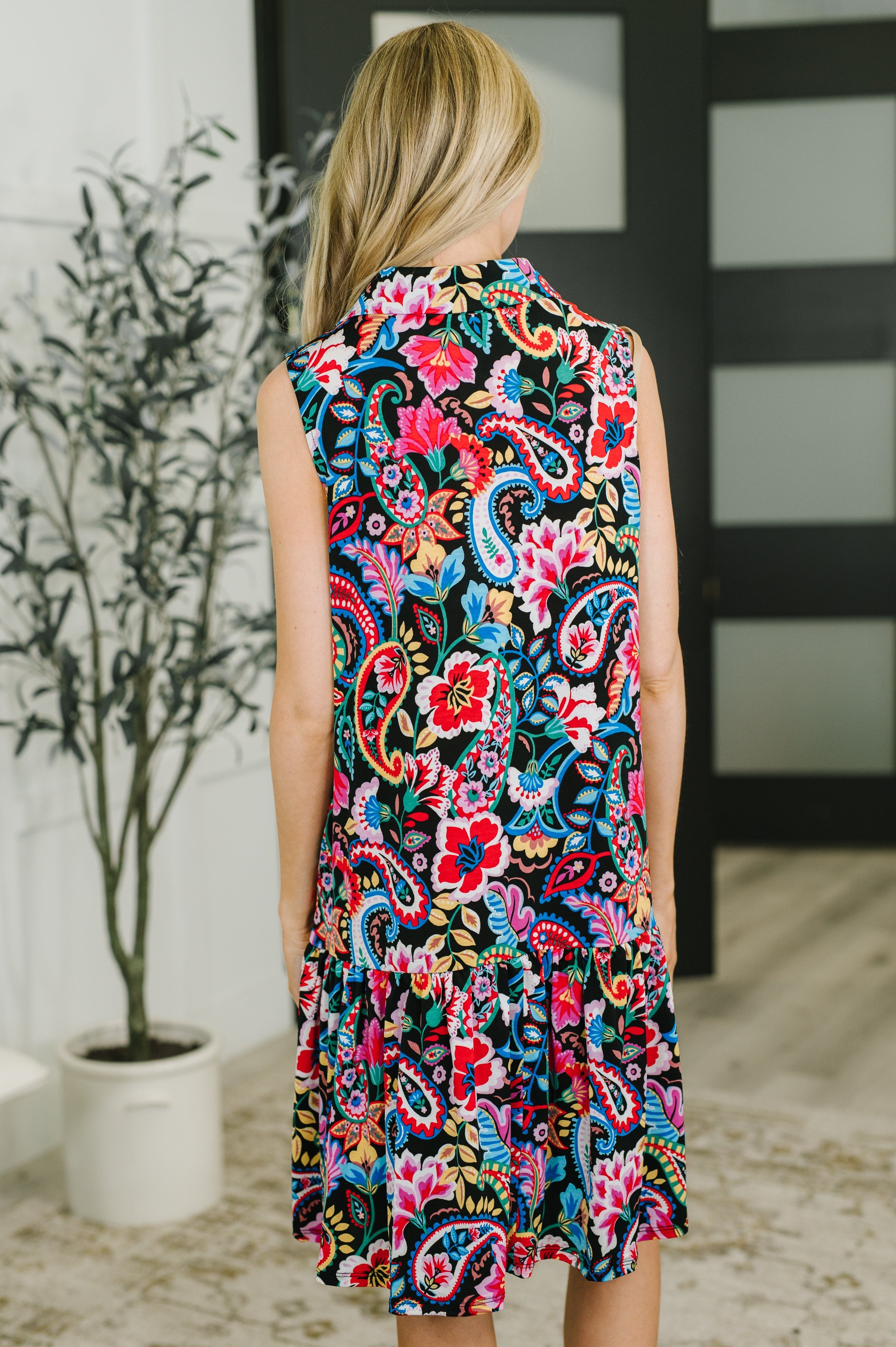 Dear Scarlett Coral Sands Collared Tank Dress in Dark Floral Paisley Womens