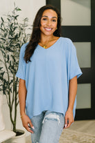 Zenana Counter Part Crinkle Woven V-Neck Top in Cornflower Blue Womens