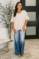 Zenana Counter Part Crinkle Woven V-Neck Top in Sand Beige Womens