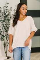 Zenana Counter Part Crinkle Woven V-Neck Top in Sand Beige Womens