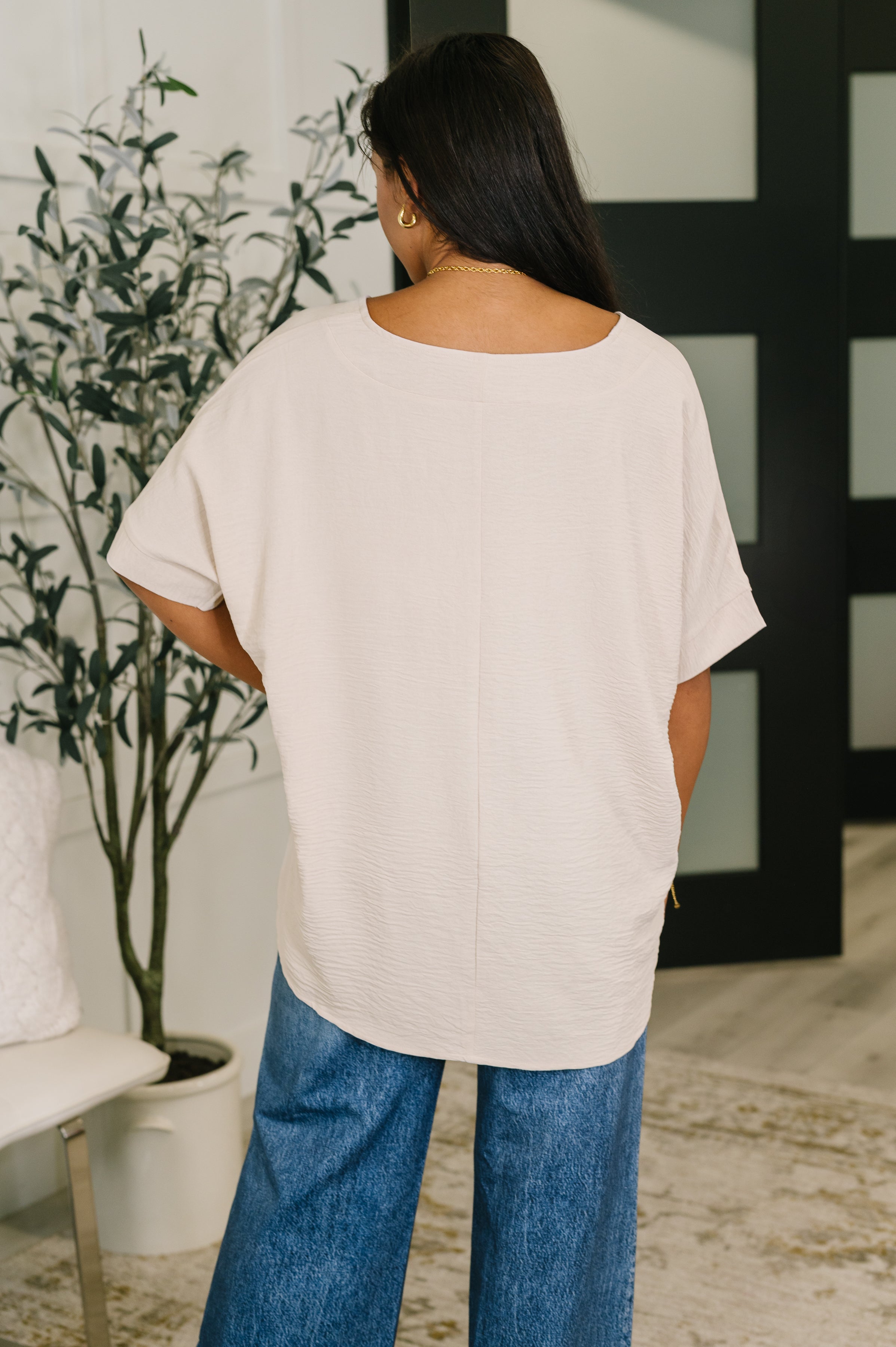 Zenana Counter Part Crinkle Woven V-Neck Top in Sand Beige Womens