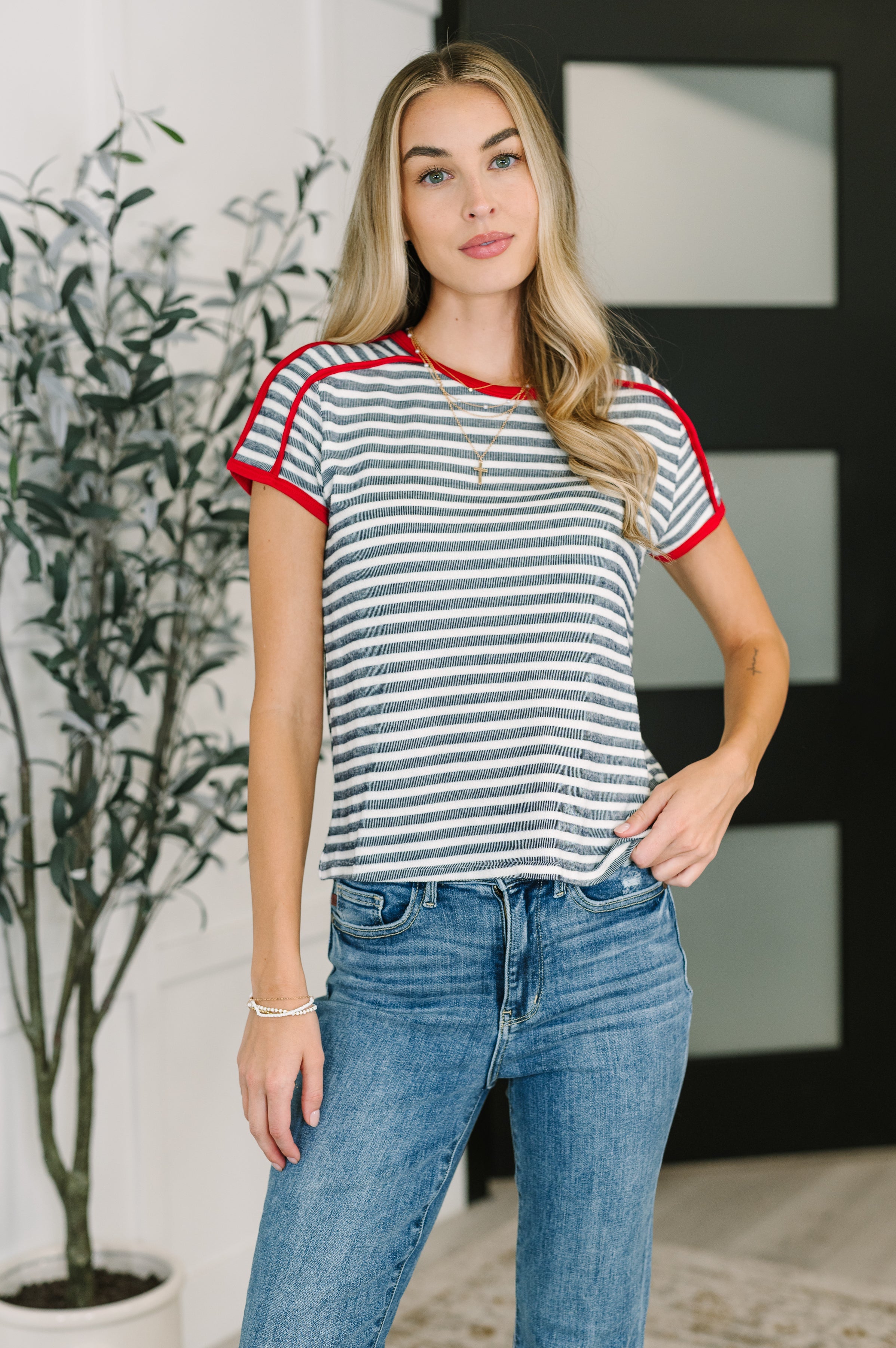 Kori America Country Stripe Casual Tee in Navy White Womens