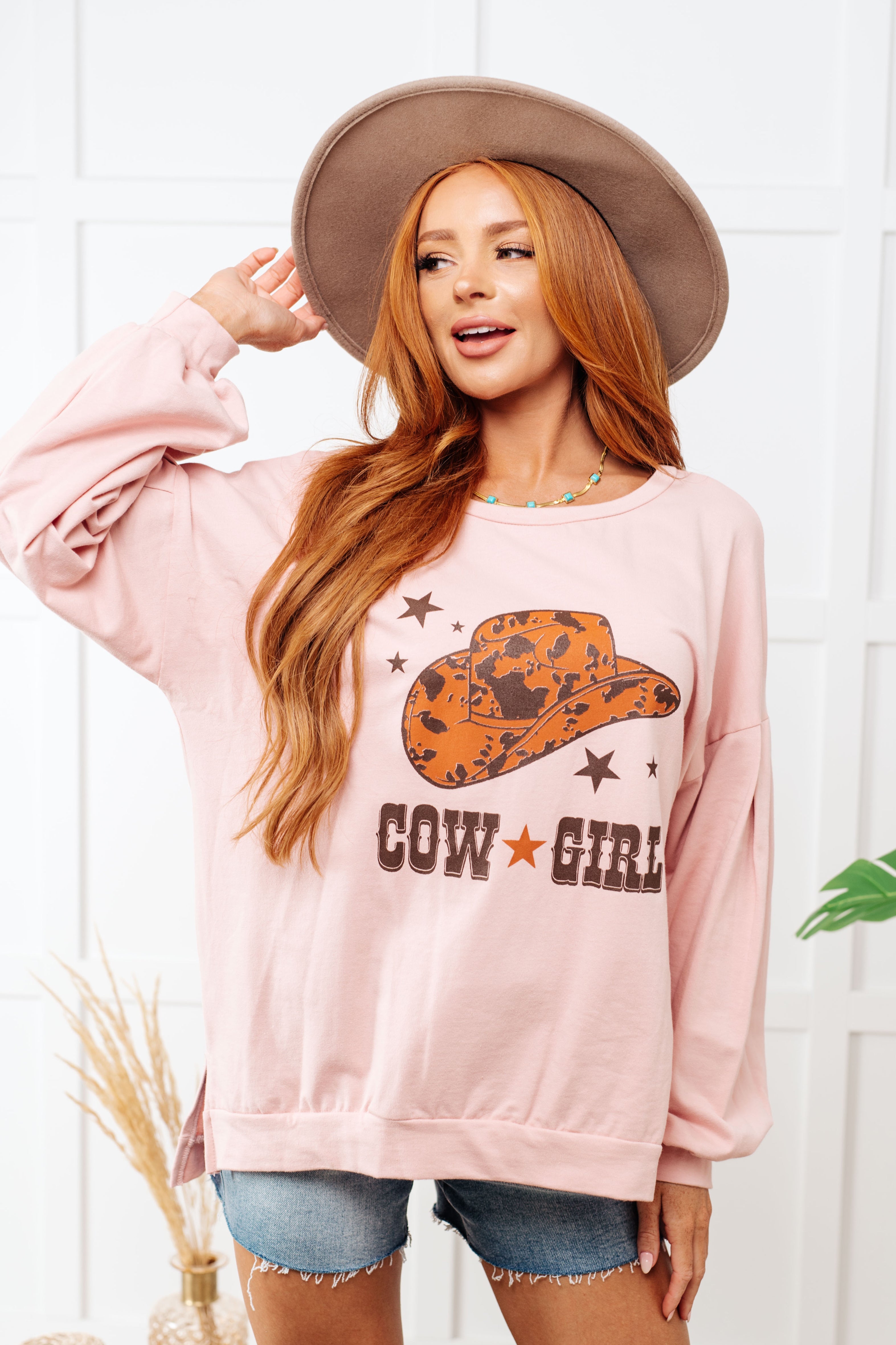 Fantastic Fawn Cow Girl Graphic Pullover in Dusty Pink Tops