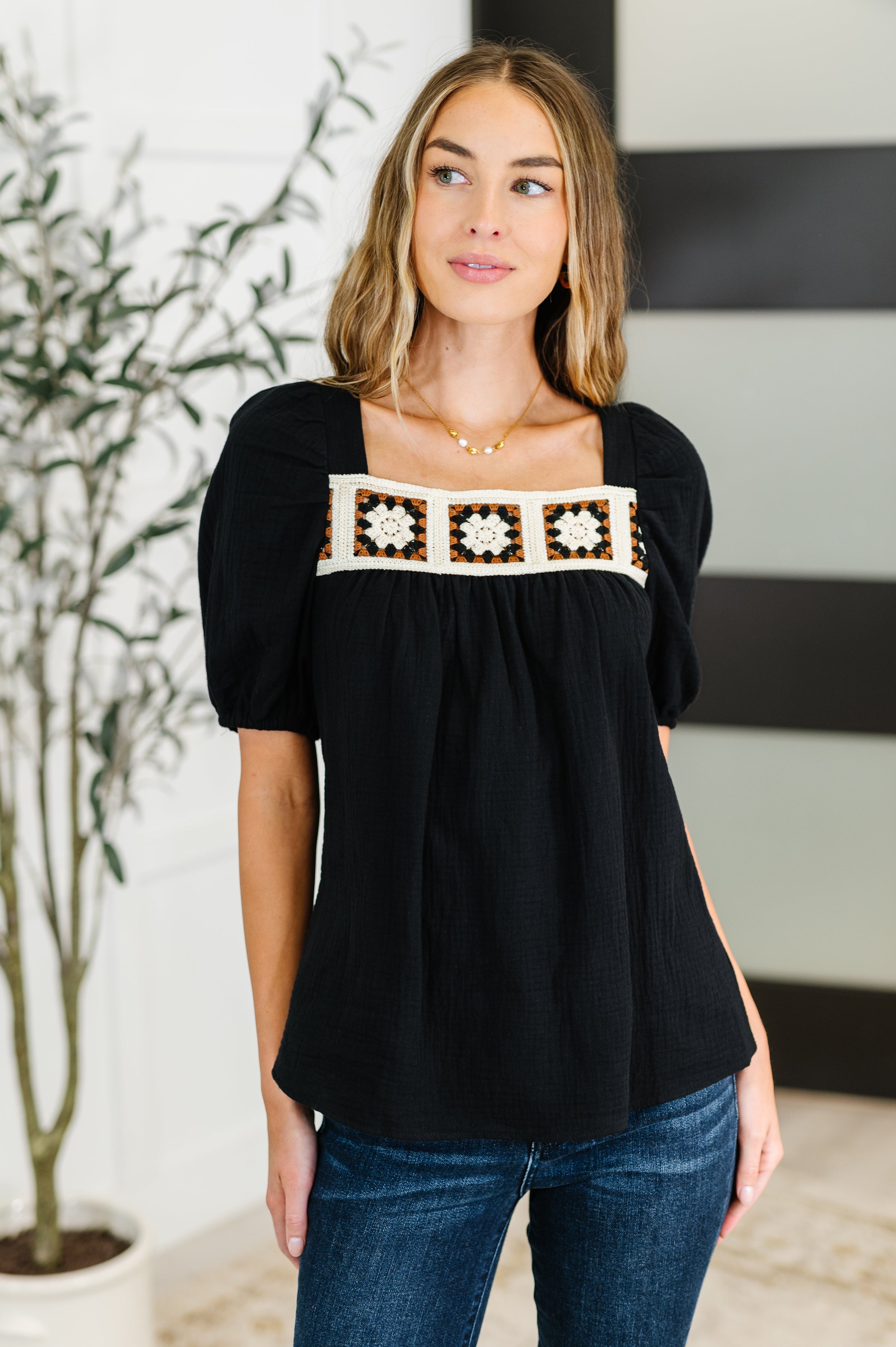 One Eleven North Craft Night Crochet Detail Top Womens