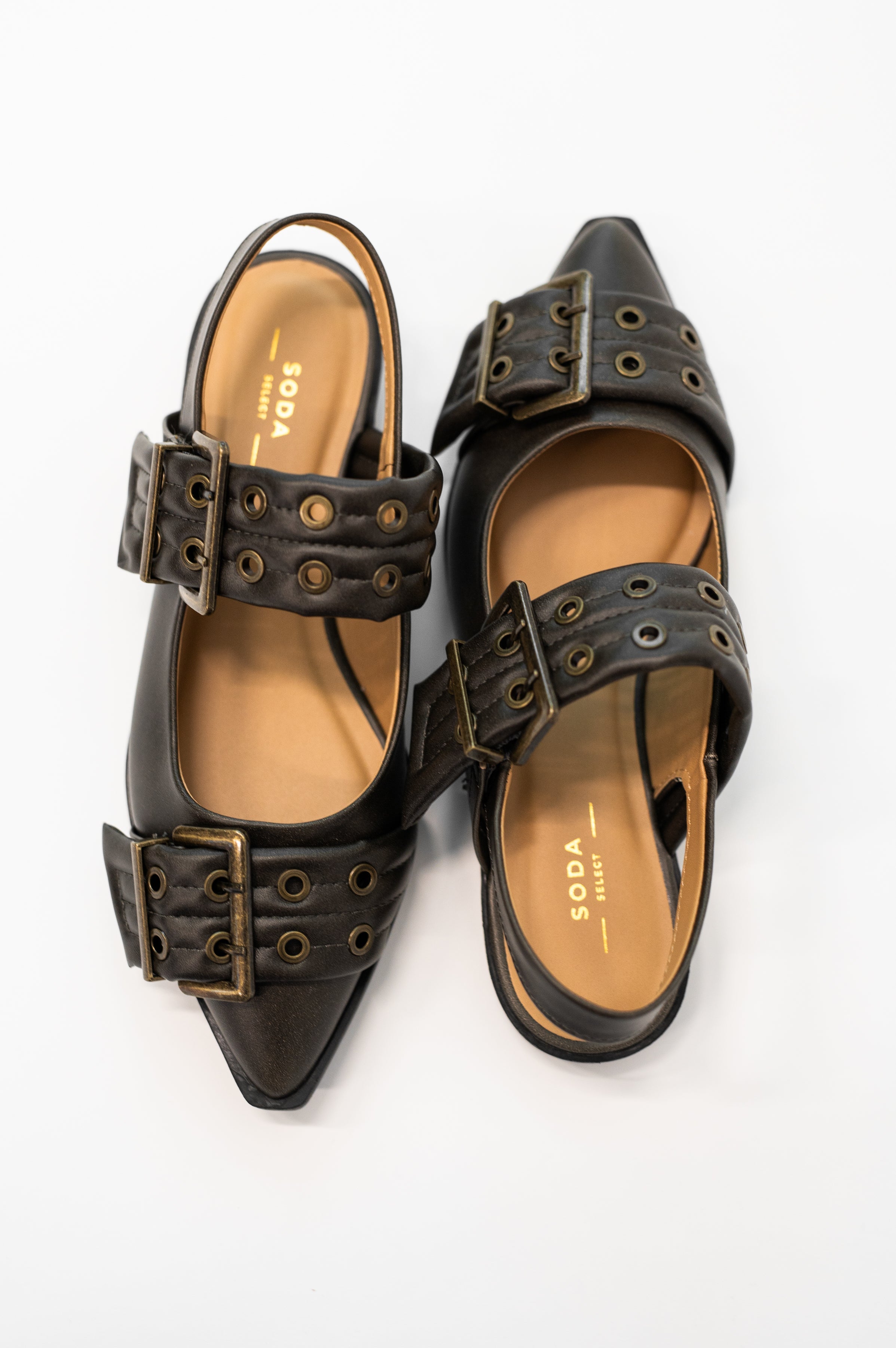 Soda Crazy Train Buckle Pointy Toe Flats Womens