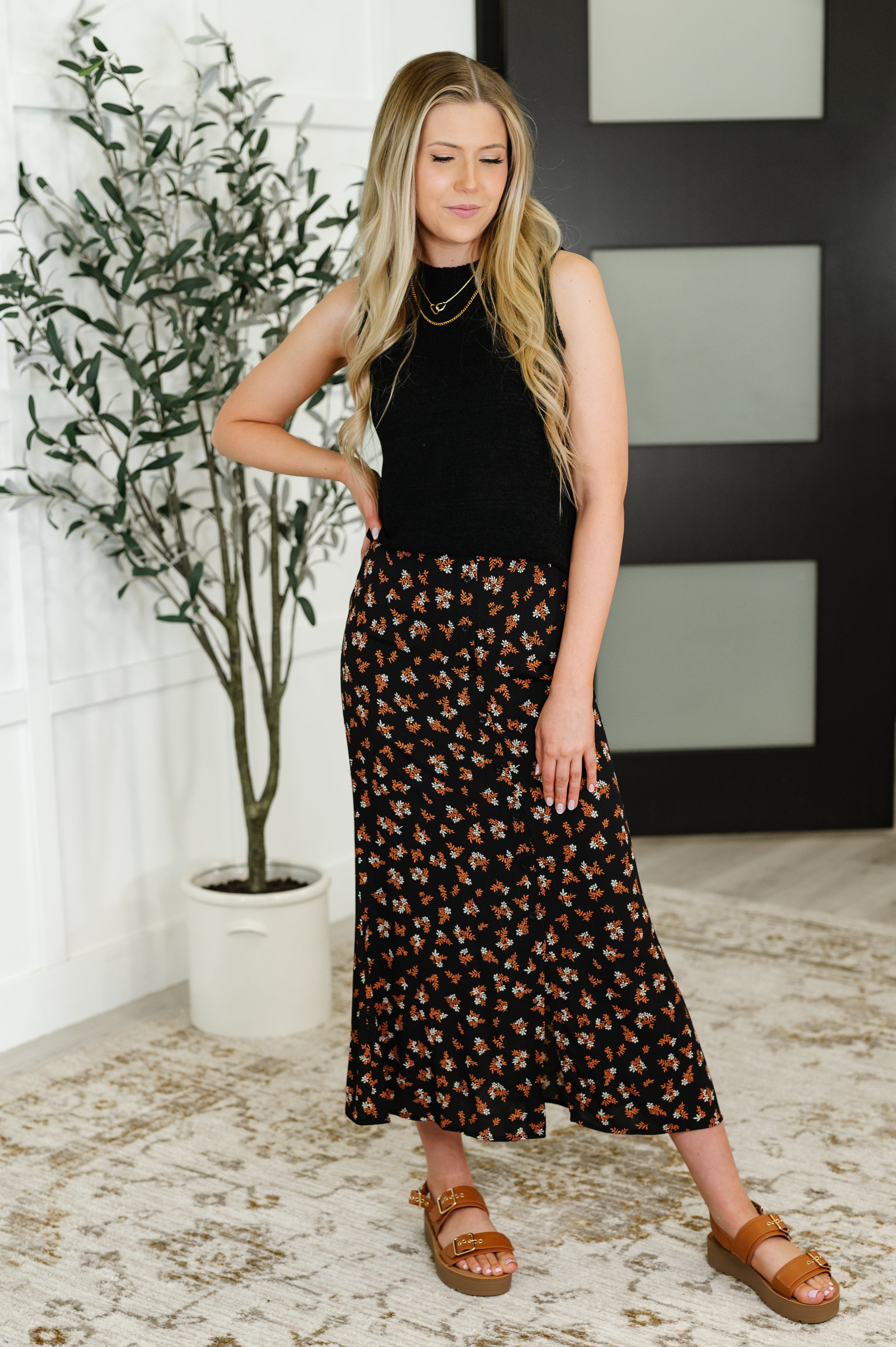 Blu Pepper Crisp Kiss Midi Skirt in Rust, White and Black Womens