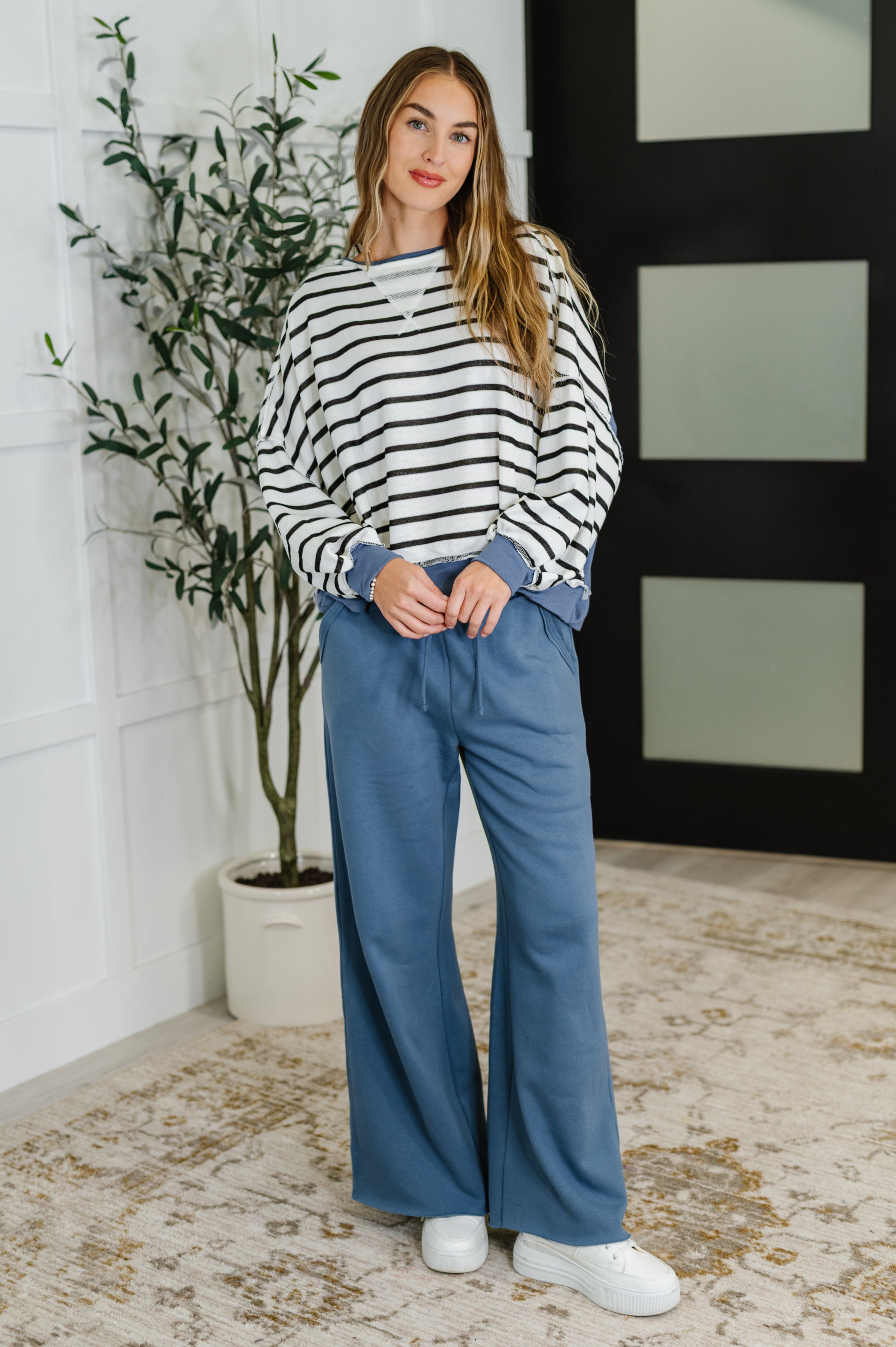 Haptics Cute in Comfort Crew Neck Pullover in White, Black and Denim Womens