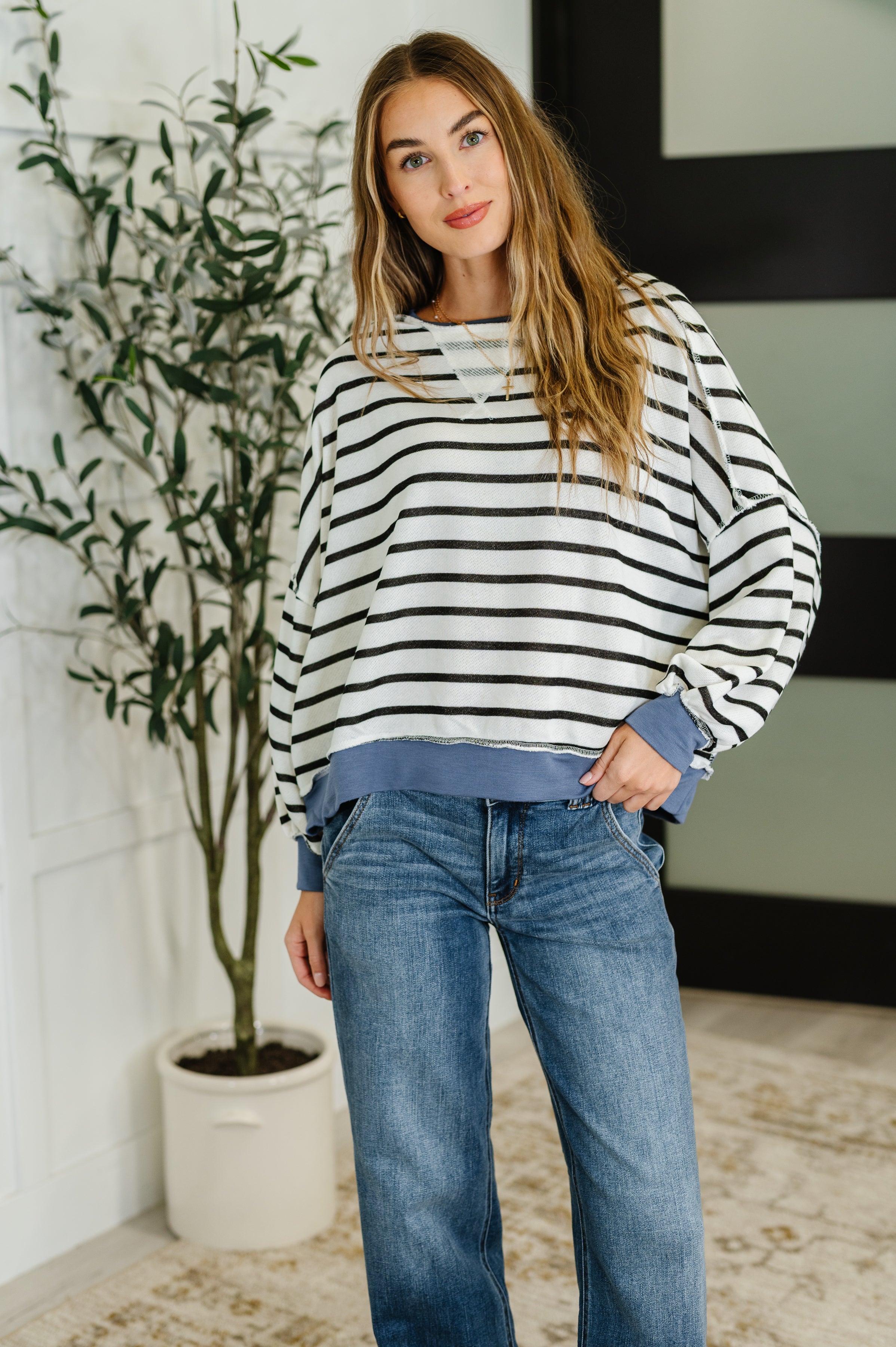 Haptics Cute in Comfort Crew Neck Pullover in White, Black and Denim Womens