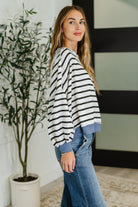 Haptics Cute in Comfort Crew Neck Pullover in White, Black and Denim Womens