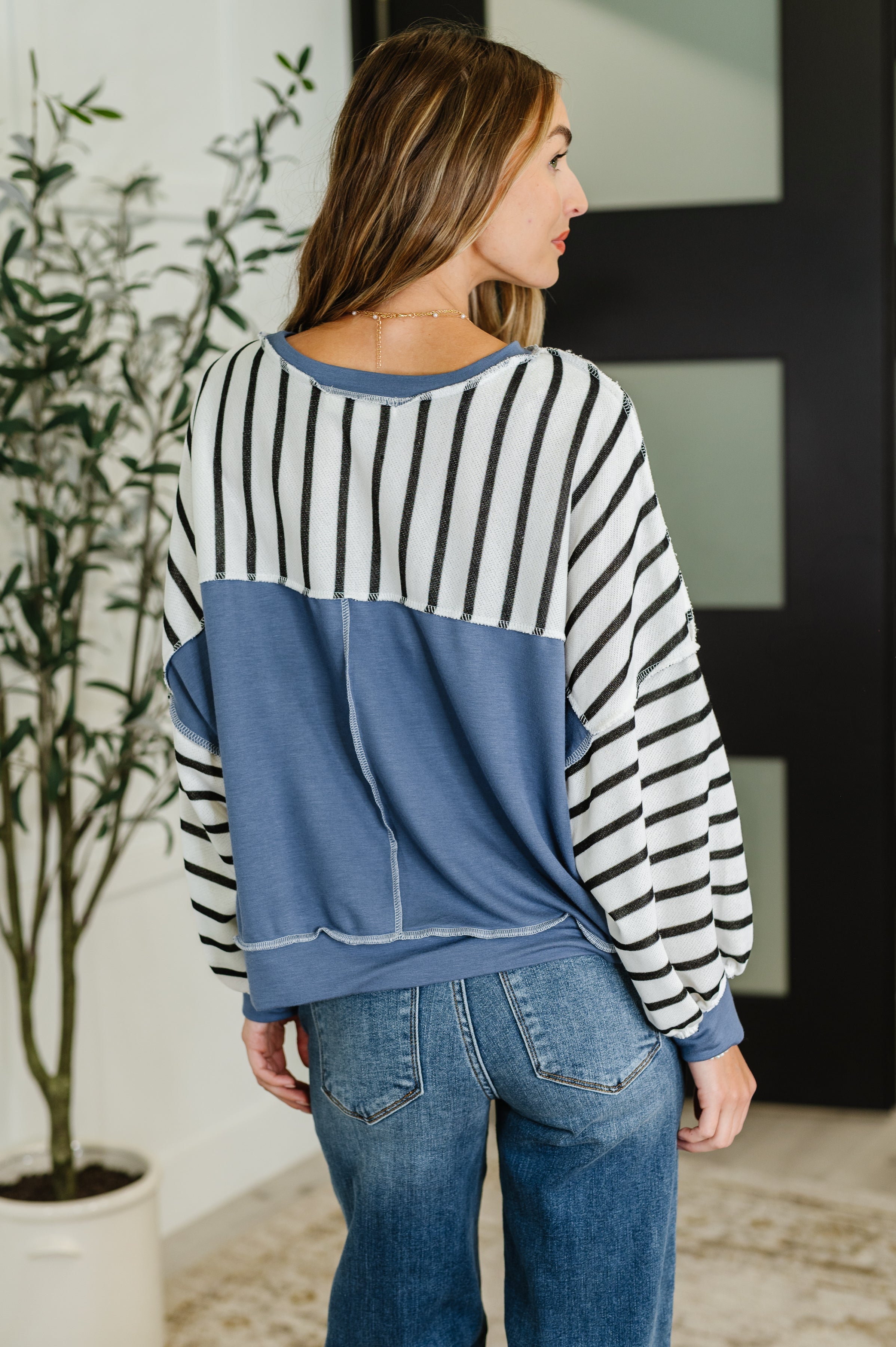 Haptics Cute in Comfort Crew Neck Pullover in White, Black and Denim Womens