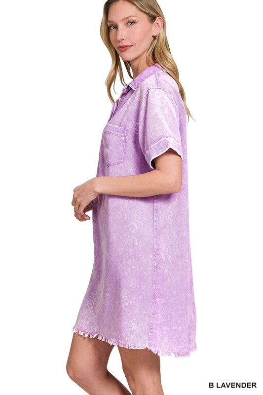 Zenana Classic Blue Tencel Mineral Washed Collared Shirt Dress