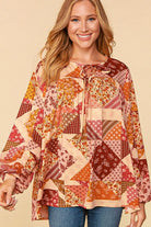 Haptics Rust & Magenta Patchwork Print Front Tie Boho Top Haptics