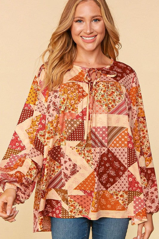 Haptics Rust & Magenta Patchwork Print Front Tie Boho Top Haptics