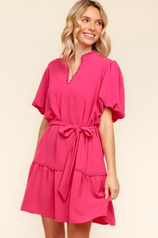 Haptics Fuchsia Notched Neck Balloon Sleeve Sash Belt Mini Dress