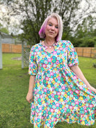 Haptics Can't Say No Mint & Fuchsia Floral Notch Neck Bubble Sleeve Dress Haptics