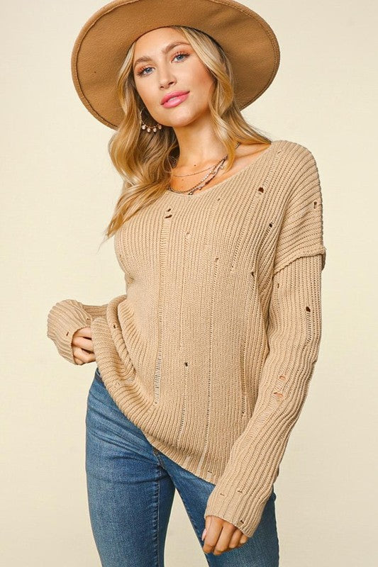 Haptics Eyes On You Taupe Distressed V Neck Ribbed Sweater Haptics