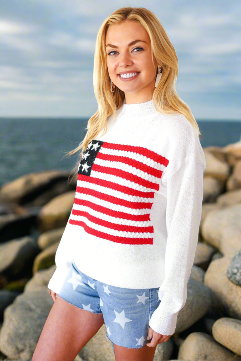 Haptics American Flag White Crochet Oversized Knit Sweater Haptics