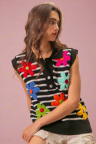 BiBi Black Flower Patch Striped Half Button Sweater Vest Trendsi