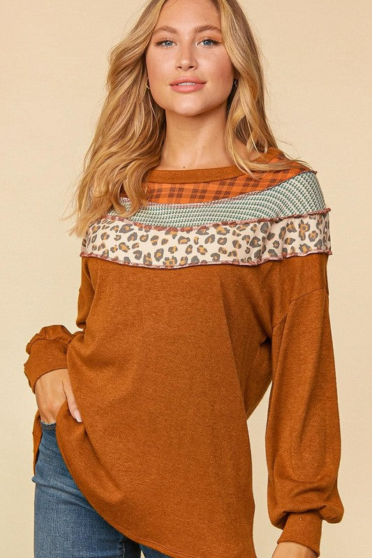 Haptics Rust Plaid & Leopard Color Block Tone Hacci Pullover Haptics