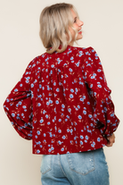 Haptics Burgundy Ribbon Detail Yoke Bubble Long Sleeve Floral Print Woven Blouse